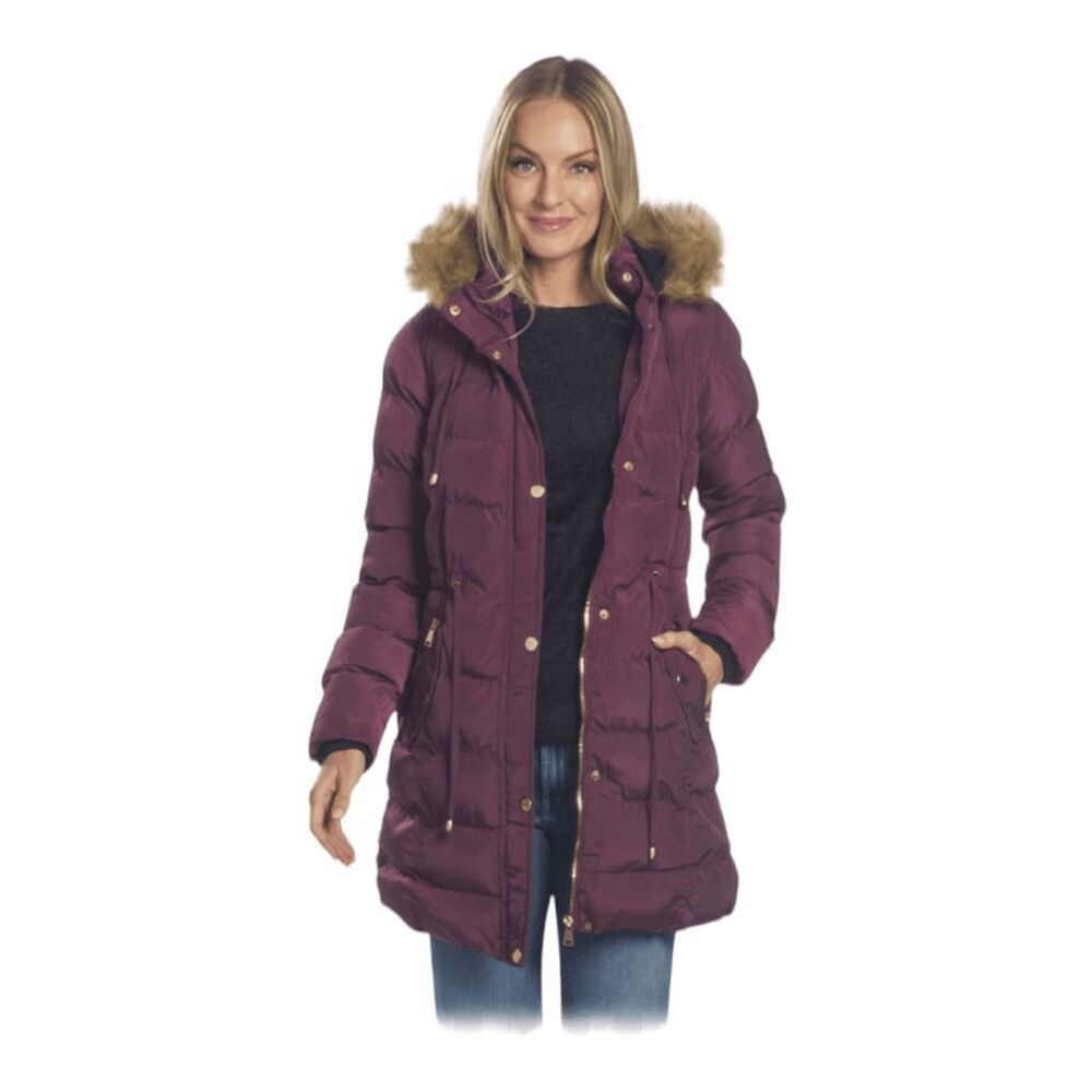 Celsius Women’s Long Puffer Coat Jacket Size Large Burgundy Faux Fur Hood NWT